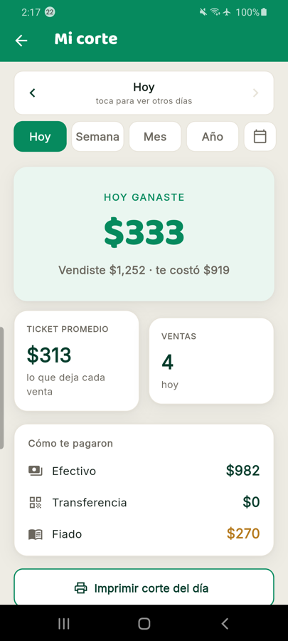Pantalla real de Merkaneo: el corte del día con ganancia, ticket promedio y cómo te pagaron