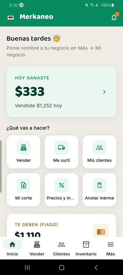 Pantalla real de Merkaneo: el inicio con lo ganado del día y lo que te deben