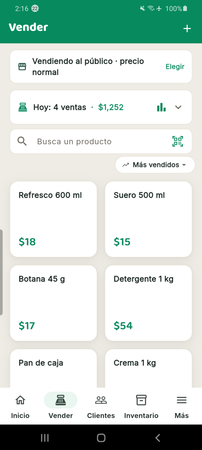 Pantalla real de Merkaneo: la lista de productos con sus precios, lista para vender
